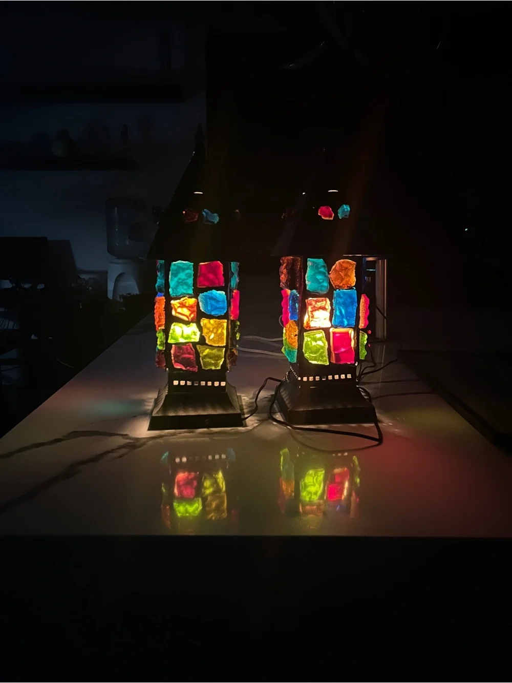 Multicolor Mosaic Glass Table Lantern Pair - Colorful Accent Lighting